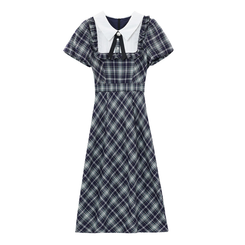 CM-DY044599 Women Casual Seoul Style Doll Collar Short Sleeve Pinched Waist Plaid Mid-Length Dress
