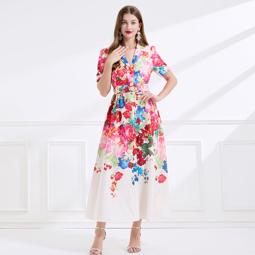 CM-DY045068 Women Casual Seoul Style Floral Print Short Dress Ruffle Hem Long Dress - Apricot