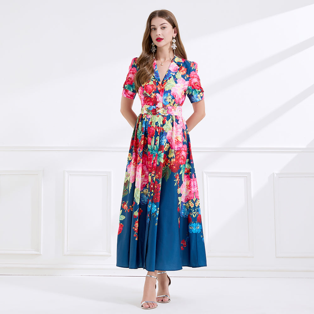 CM-DY045071 Women Casual Seoul Style Floral Print Short Dress Ruffle Hem Long Dress - Navy Blue