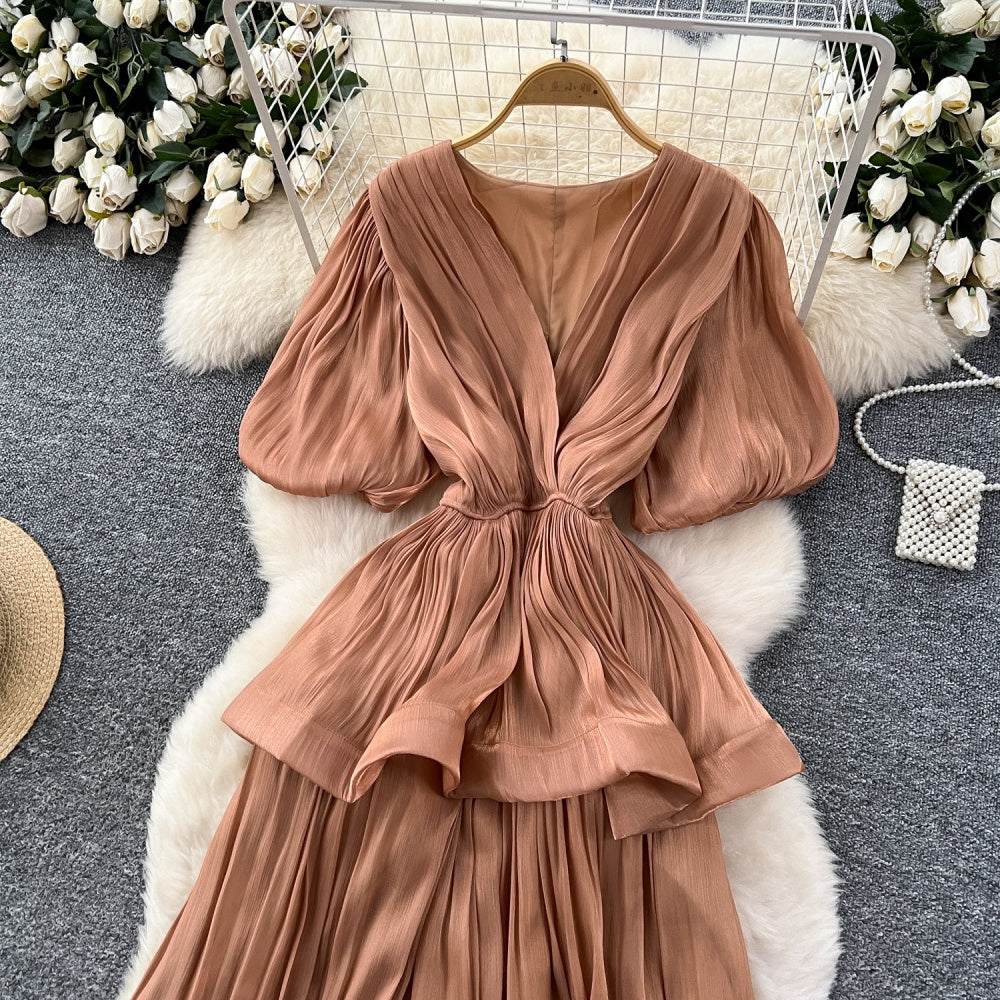 CM-DY045541 Women Elegant European Style V-Neck Half Sleeve Pinched Waist Long Dress (Available in 6 colors)
