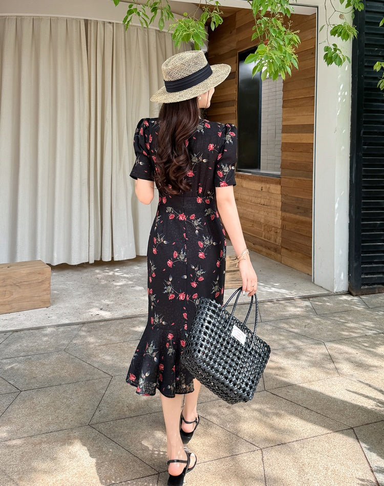 CM-DY045659 Women Casual Seoul Style V-Neck Short Sleeve Floral Print Split Mermaid Dress - Black