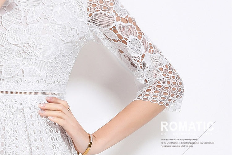 CM-DY045815 Women Elegant European Style Stand Collar 3/4 Sleeve Lace Hollow Midi Dress - White