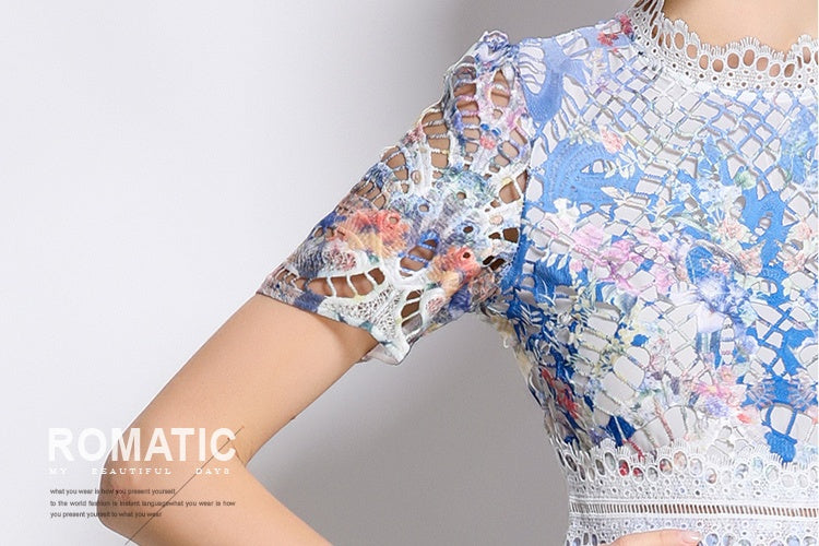 CM-DY045818 Women Elegant European Style Stand Collar Short Sleeve Lace Hollow Midi Dress - Blue