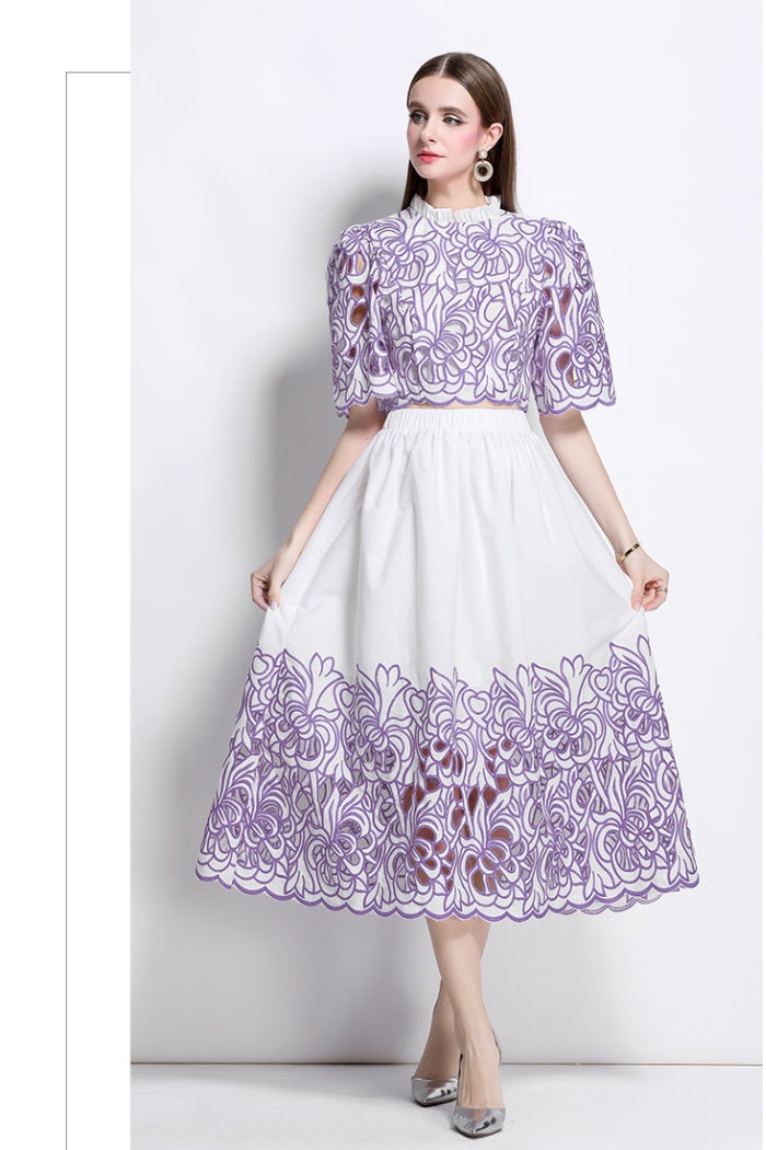 CM-SY045820 Women Elegant European Style Round Neck Short Sleeve Bmbroidery Blouse With High Waist Skirt - Set (Available in 5 colors)