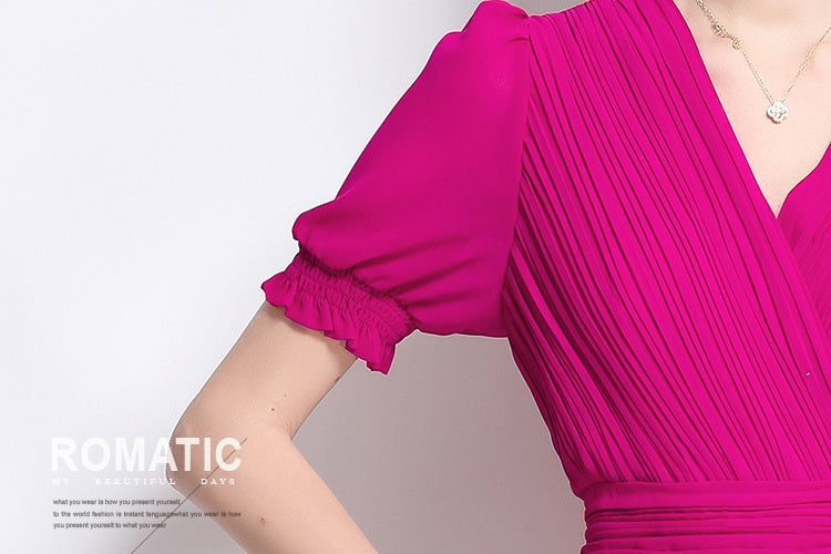 CM-DY046146 Women Elegant European Style V-Neck Short Sleeve Slim Pleated Pinched Waist Midi Dress (Available in 2 colors)