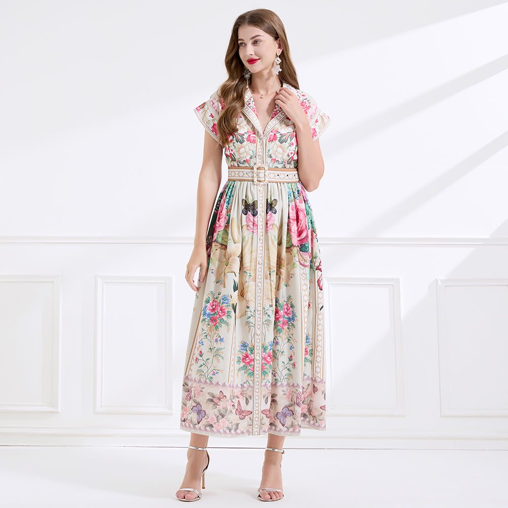 CM-DY046557 Women Elegant European Style V-Neck Short Sleeve All-Over Floral Print Maxi Dress - Apricot