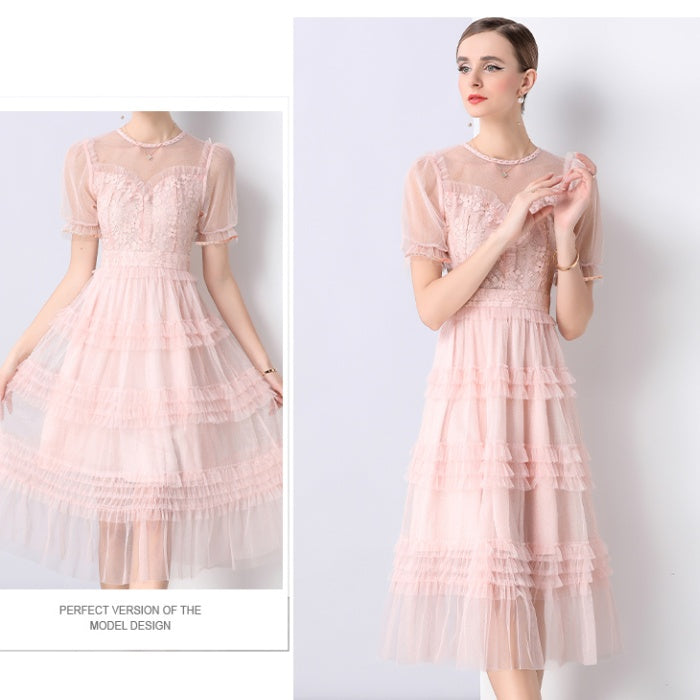 CM-DY047145 Women Elegant European Style Lace Round Neck Puff Sleeve Pinched Waist Dress - Pink