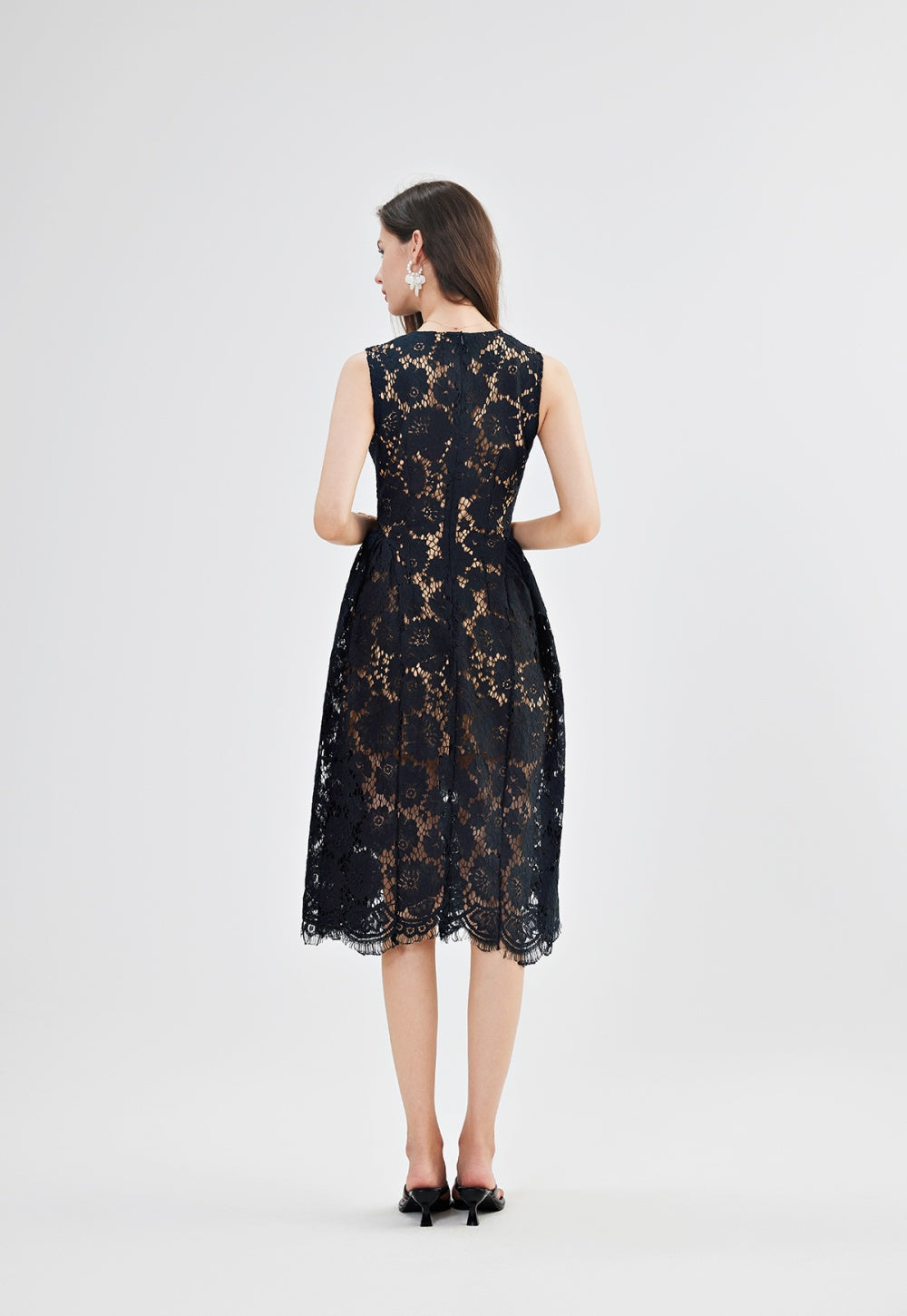 CM-DY047153 Women Elegant European Style Lace Round Neck Sleeveless Slim High Waist A-Line Dress (Available in 2 colors)