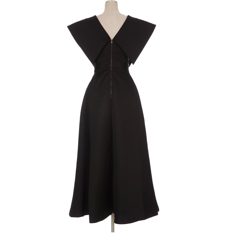 CM-DY047155 Women Elegant European Style V-Neck Sleeveless Medium Waist Mid-Length Dress - Black