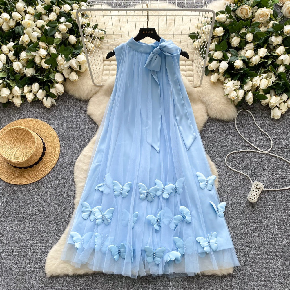 CM-DY047559 Women Elegant European Style Butterfly Decor Halter Sleeveless Bow Gauze Dress (Available in 4 colors)