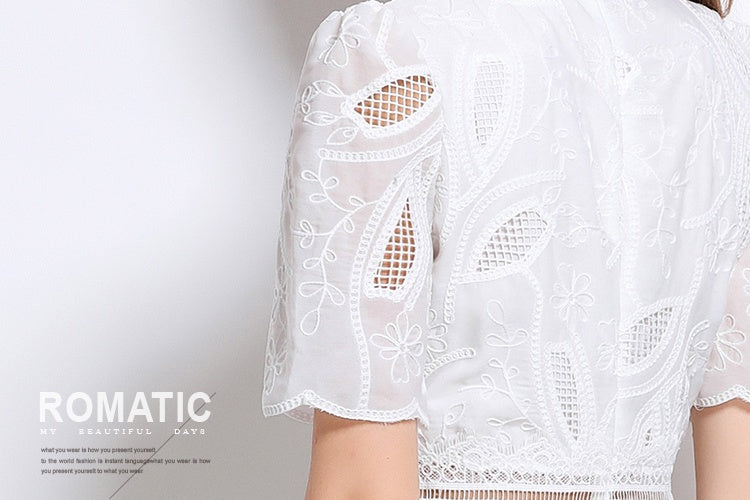 CM-DY047986 Women Elegant European Style Stand Collar Short Sleeve Long Crochet Dress - White