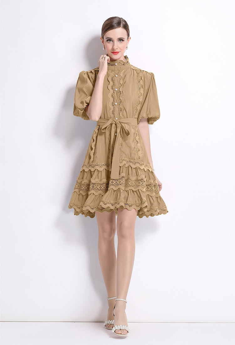 CM-DY048038 Women Elegant European Style Lace Stand Collar Puff Sleeve Mini Dress - Khaki