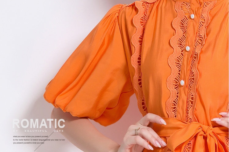 CM-DY048038 Women Elegant European Style Lace Stand Collar Puff Sleeve Mini Dress - Orange