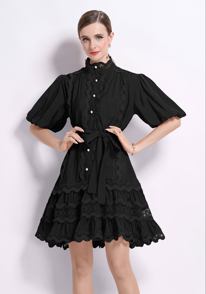 CM-DY048038 Women Elegant European Style Lace Stand Collar Puff Sleeve Mini Dress - Black