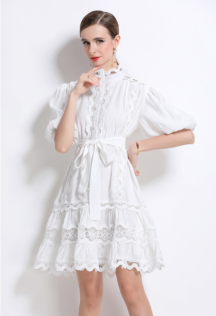 CM-DY048038 Women Elegant European Style Lace Stand Collar Puff Sleeve Mini Dress - White