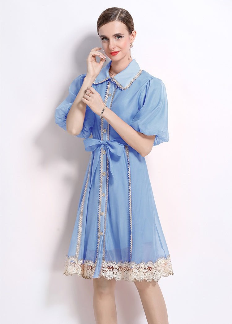 CM-DY048039 Women Elegant European Style Lace Collar Neckline Puff Sleeve Single-Breasted Mini Dress - Light Blue