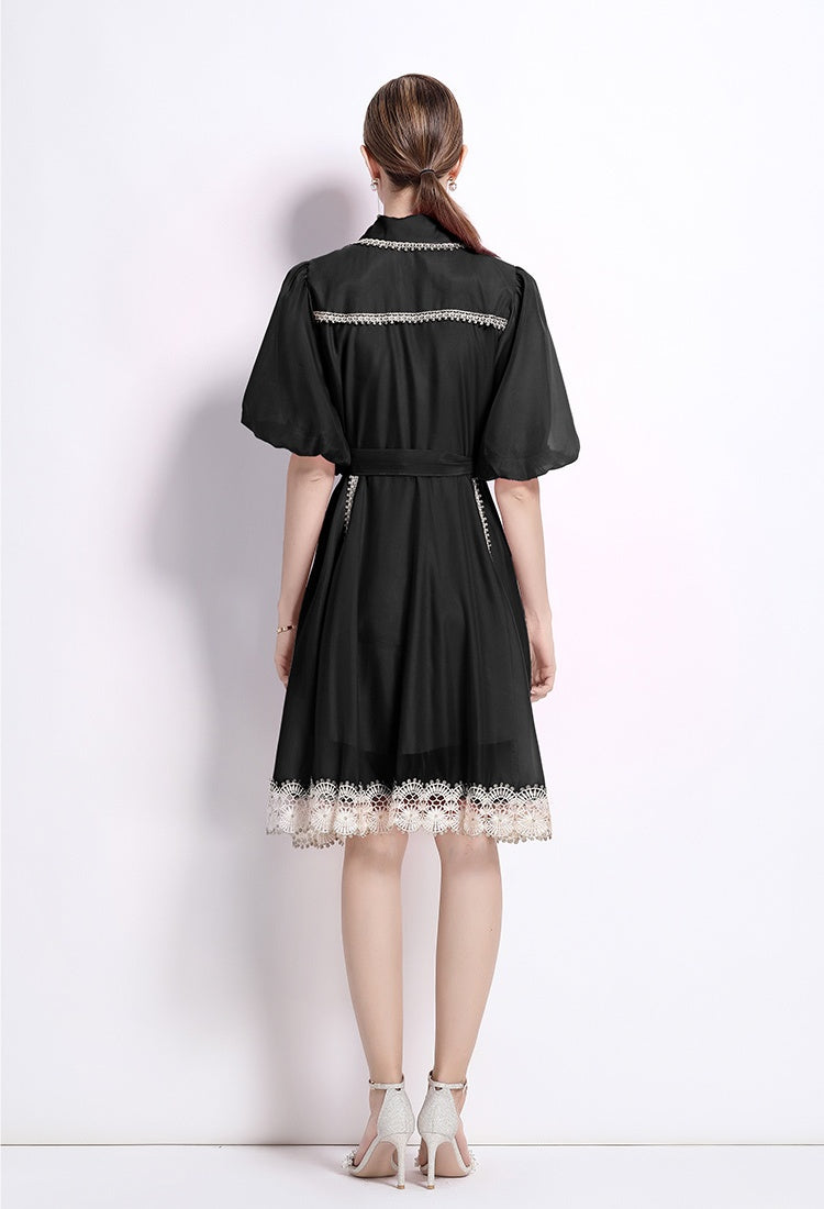 CM-DY048039 Women Elegant European Style Lace Collar Neckline Puff Sleeve Single-Breasted Mini Dress - Black
