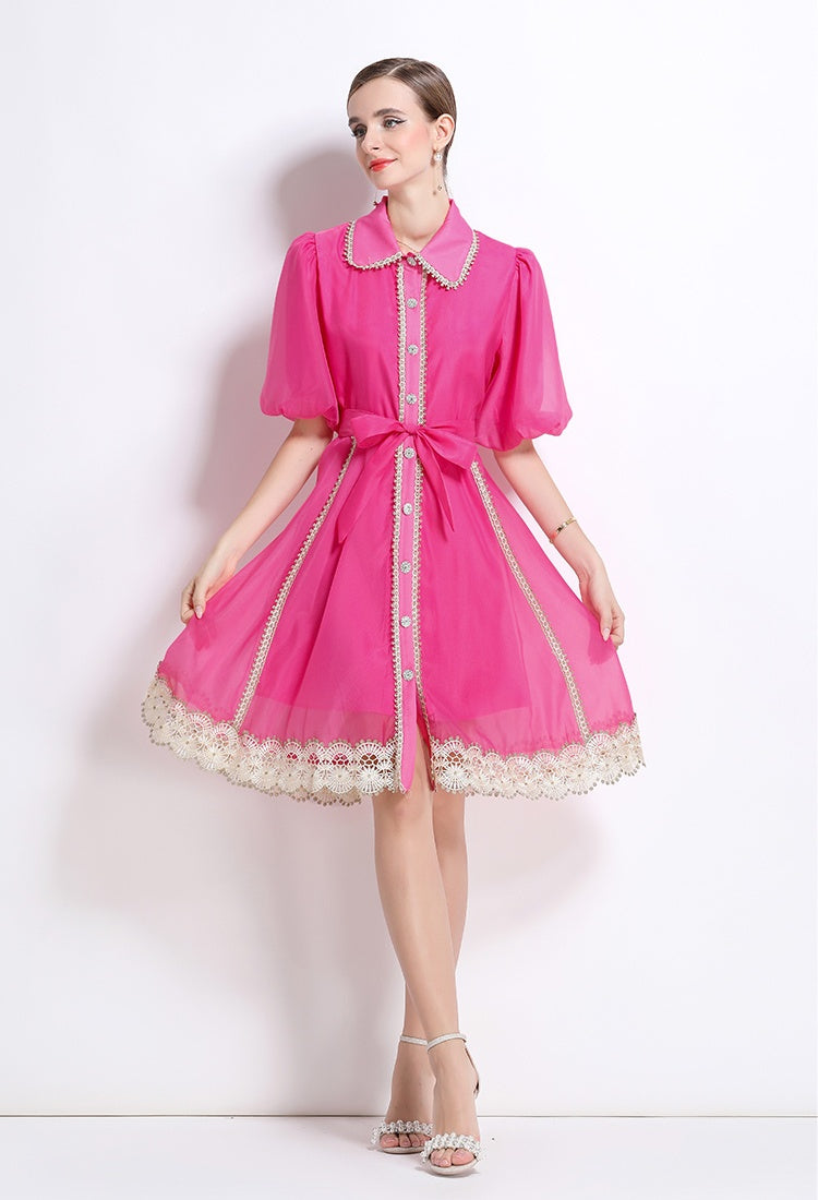 CM-DY048039 Women Elegant European Style Lace Collar Neckline Puff Sleeve Single-Breasted Mini Dress - Rose Red