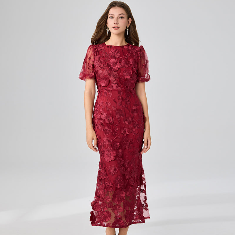 CM-DY048041 Women Elegant European Style Round Neck Puff Sleeve Mermaid Dress - Red