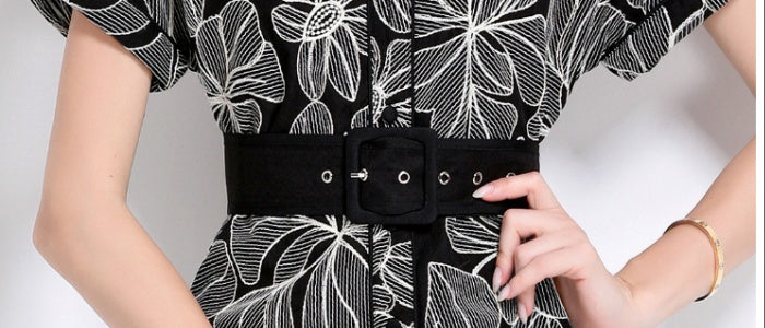 CM-DY048384 Women Retro European Style Lapel Neckline Short Sleeve Medium Wasit Mid-Length Dress - Black