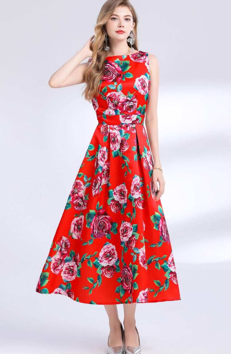 CM-DY048391 Women Elegant European Style Round Neck Sleeveless Pinched Waist Floral Print A-Line Dress