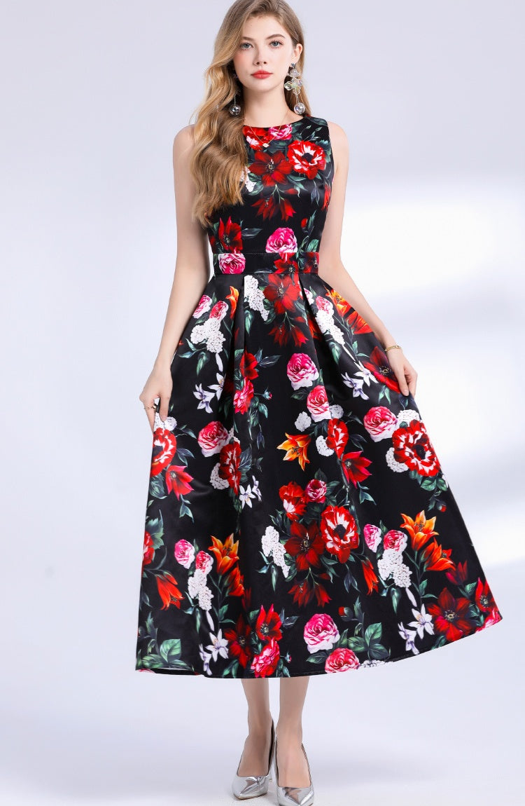 CM-DY048394 Women Elegant European Style Round Neck Sleeveless Pinched Waist Floral Print A-Line Dress