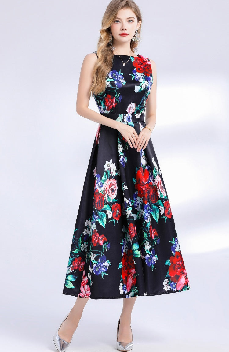 CM-DY048395 Women Elegant European Style Round Neck Sleeveless Pinched Waist Floral Print A-Line Dress
