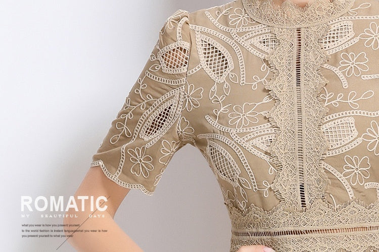 CM-DY048400 Women Elegant European Style Stand Collar Short Sleeve Long Crochet Dress - Camel