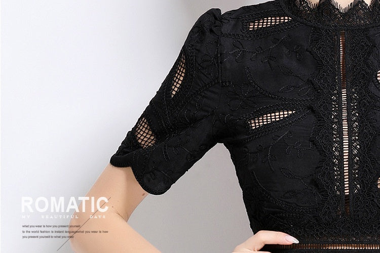 CM-DY048401 Women Elegant European Style Stand Collar Short Sleeve Long Crochet Dress - Black