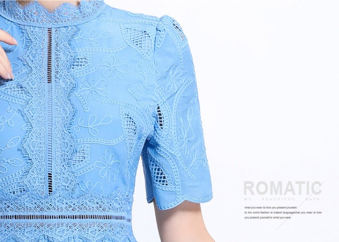 CM-DY048402 Women Elegant European Style Stand Collar Short Sleeve Long Crochet Dress - Navy Blue