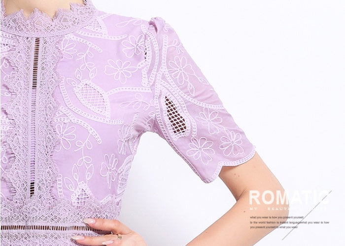 CM-DY048403 Women Elegant European Style Stand Collar Short Sleeve Long Crochet Dress - Light Purple