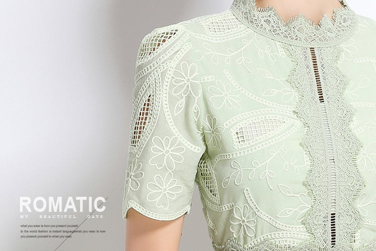 CM-DY048404 Women Elegant European Style Stand Collar Short Sleeve Long Crochet Dress - Light Green