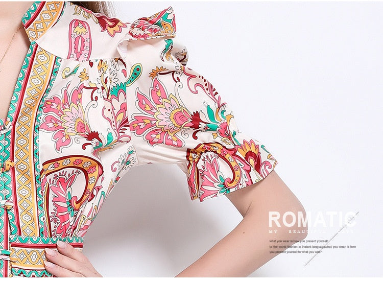 CM-DY048615 Women Elegant European Style Floral Prints V-Neck Short Sleeve Mini Dress