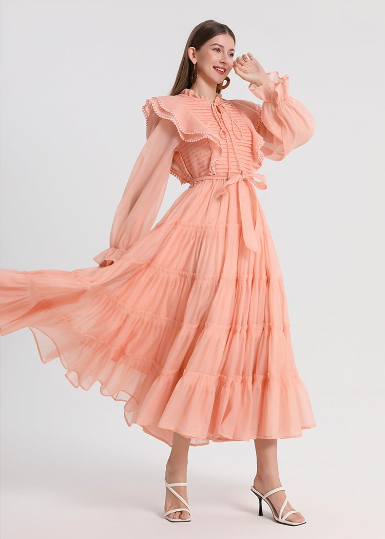 CM-DY048803 Women Elegant European Style Round Neck Petal Sleeve Pinched Waist Maxi Dress - Orange Pink