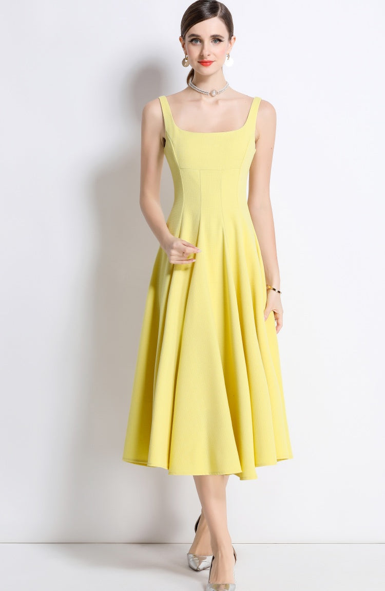 CM-DY048975 Women Elegant European Style Square Neck Sleeveless Pinched Waist A-Line Dress - Yellow