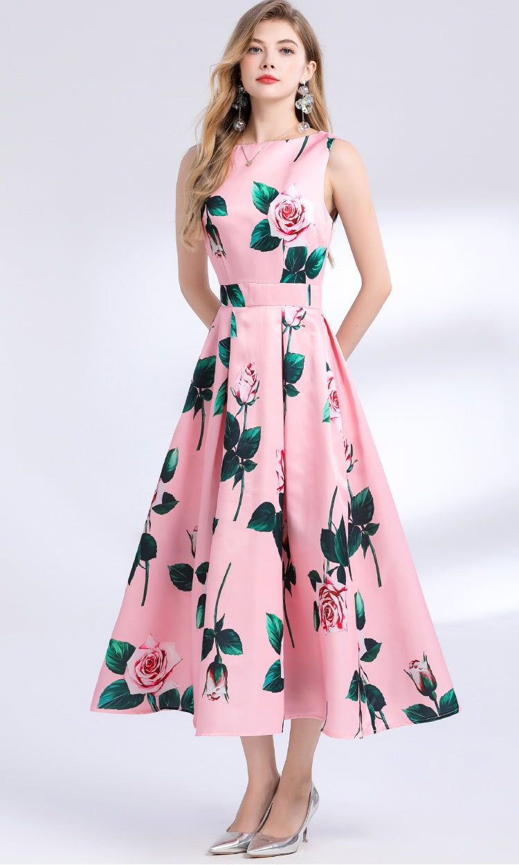 CM-DY048979 Women Elegant European Style Round Neck Sleeveless Pinched Waist High Waist Midi Dress