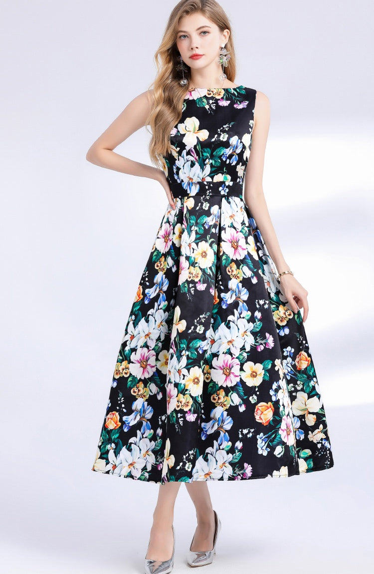 CM-DY048980 Women Elegant European Style Round Neck Sleeveless High Waist Pinched Waist A-Line Dress