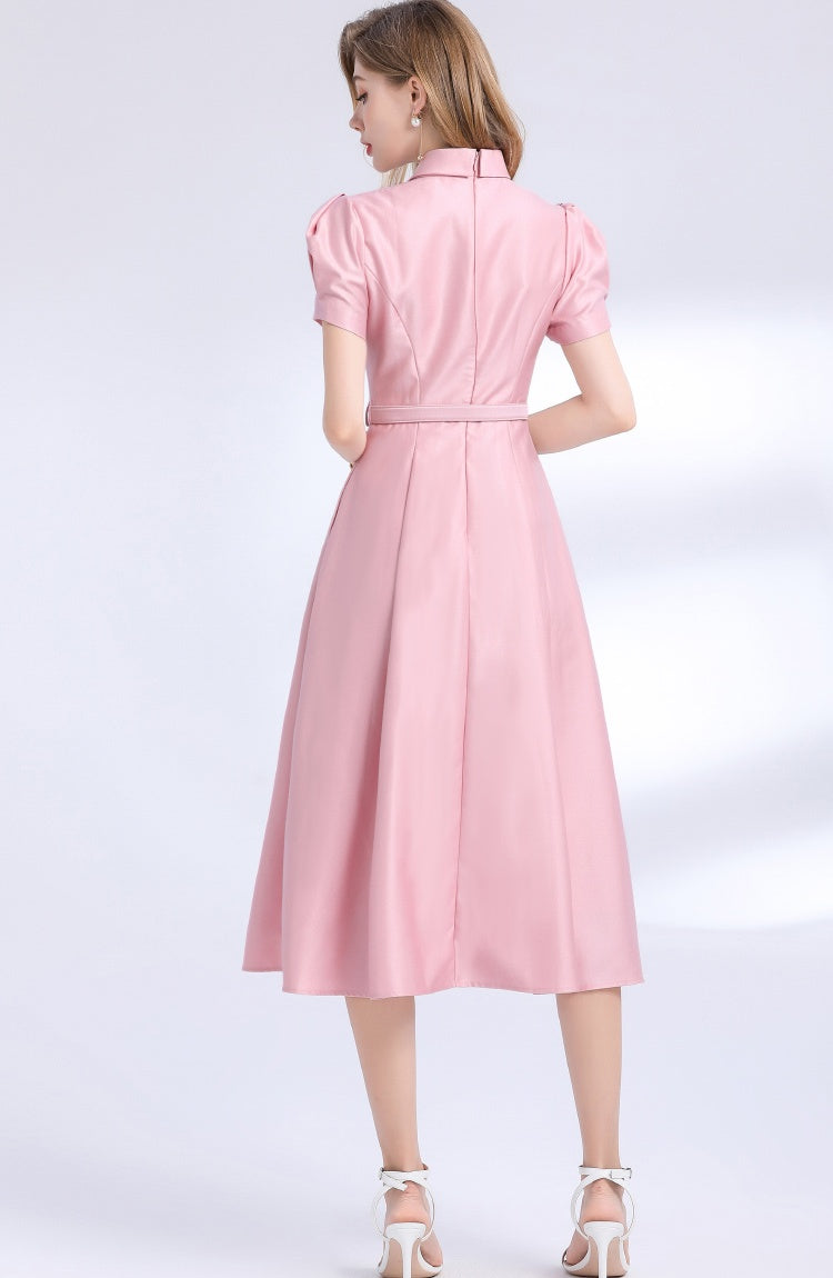 CM-DY048991 Women Elegant European Style Round Neck Short Sleeve Belted Pinched Waist Dress (Available in 2 colors)