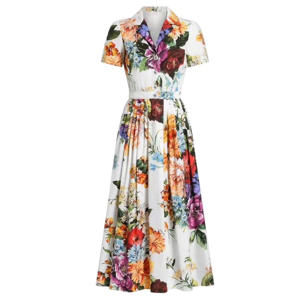 CM-DY048992 Women Elegant European Style Floral Print Collar Neckline Short Sleeve A-Line Dress
