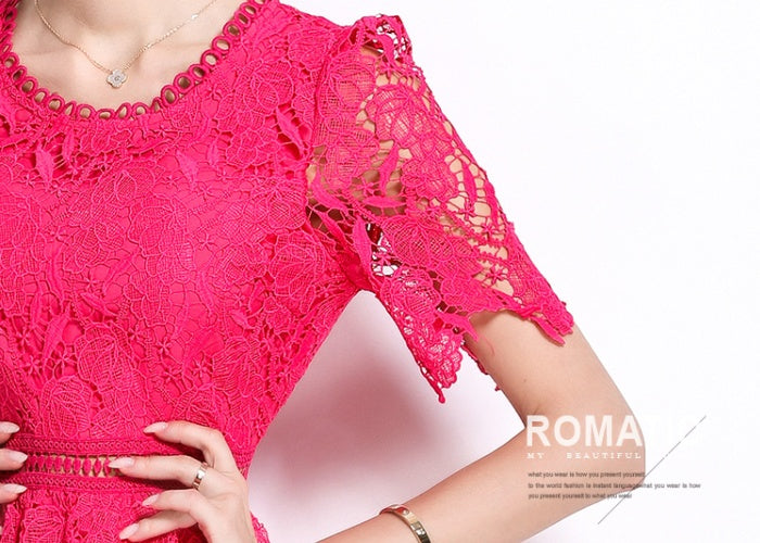 CM-DY049024 Women Elegant European Style Hollow Lace Round Neck Short Sleeve Midi Dress - Rose Red