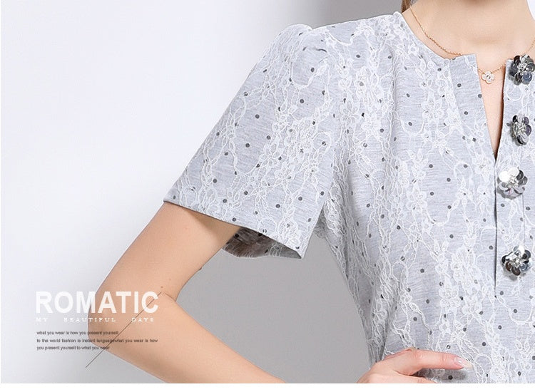 CM-DY049232 Women Elegant European Style V-Neck Short Sleeve Medium Waist Mid-Length Dress