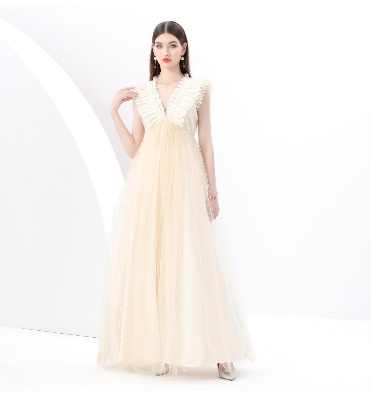 CM-DY049275 Women Elegant European Style Deep V-Neck Sleeveless Lace Gauze Long Dress - Apricot