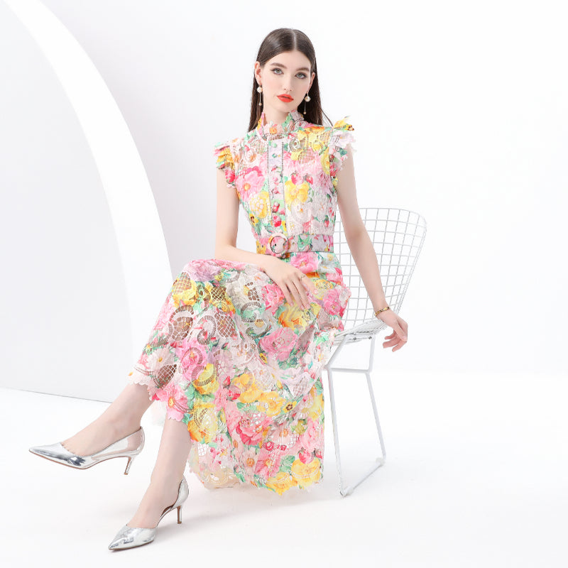CM-DY049335 Women Elegant European Style Floral Lace Stand Collar Sleeveless Maxi Dress