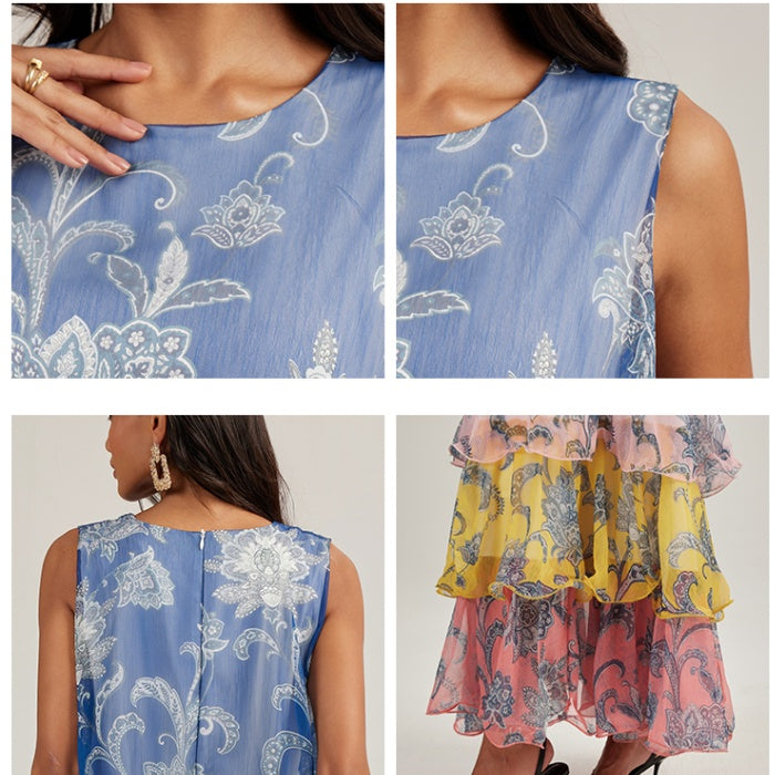 CM-DY049452 Women Trendy Bohemian Style Multi-color Round Neck Sleeveless Splice Cupcake Dress