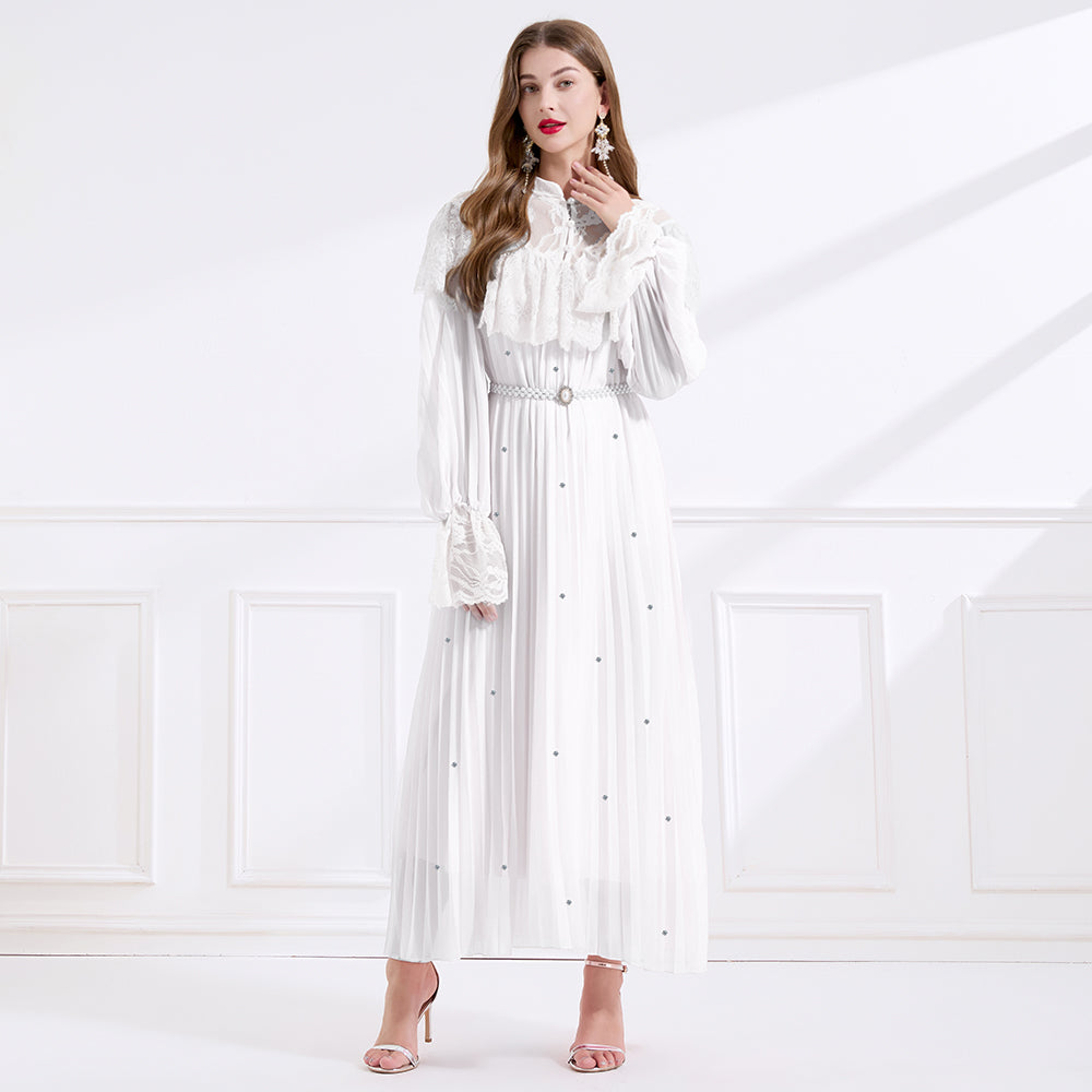 CM-DY049714 Women Elegant European Style Lace Stand Collar Long Sleeve A-Line Maxi Dress - White