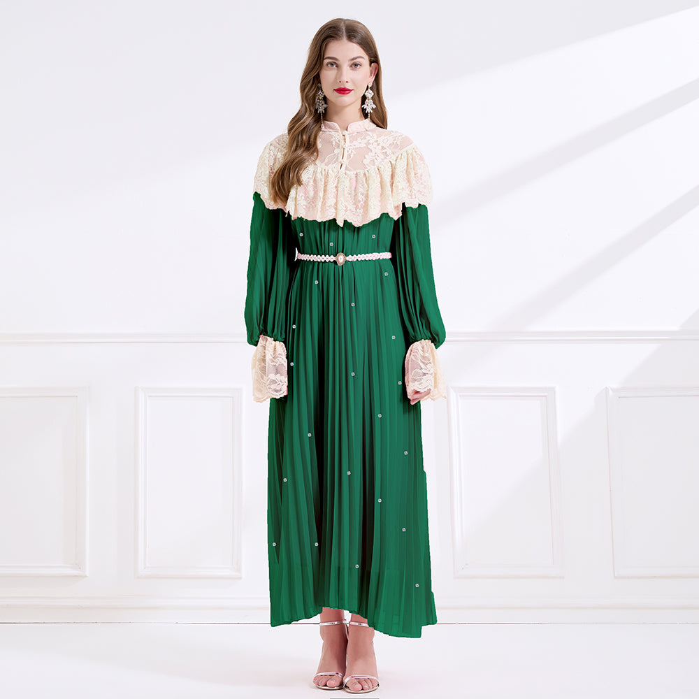 CM0DY049716 Women Elegant European Style Lace Stand Collar Long Sleeve A-Line Maxi Dress - Green