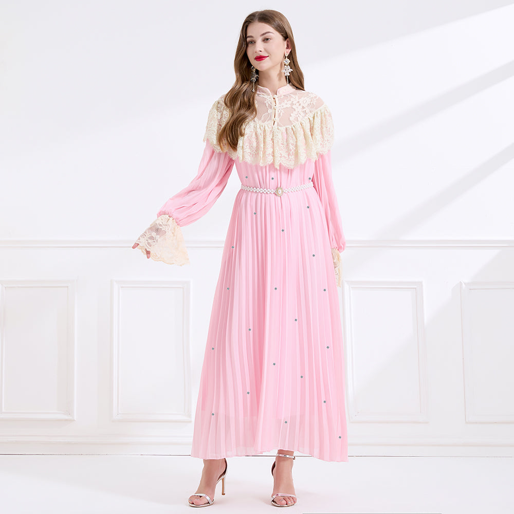 CM-DY049718 Women Elegant European Style Lace Stand Collar Long Sleeve A-Line Maxi Dress - Pink