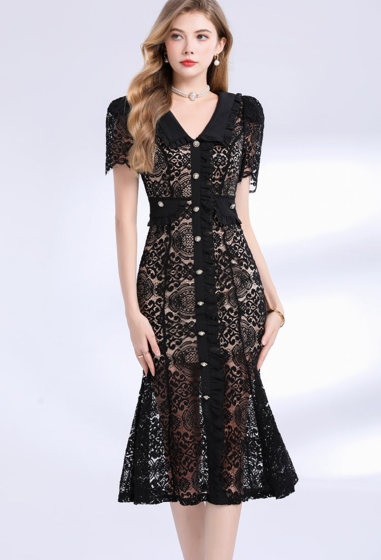 CM-DY049845 Women European Style V-Neck Short Sleeve Single-Breasted Mid-Length Dress - Black