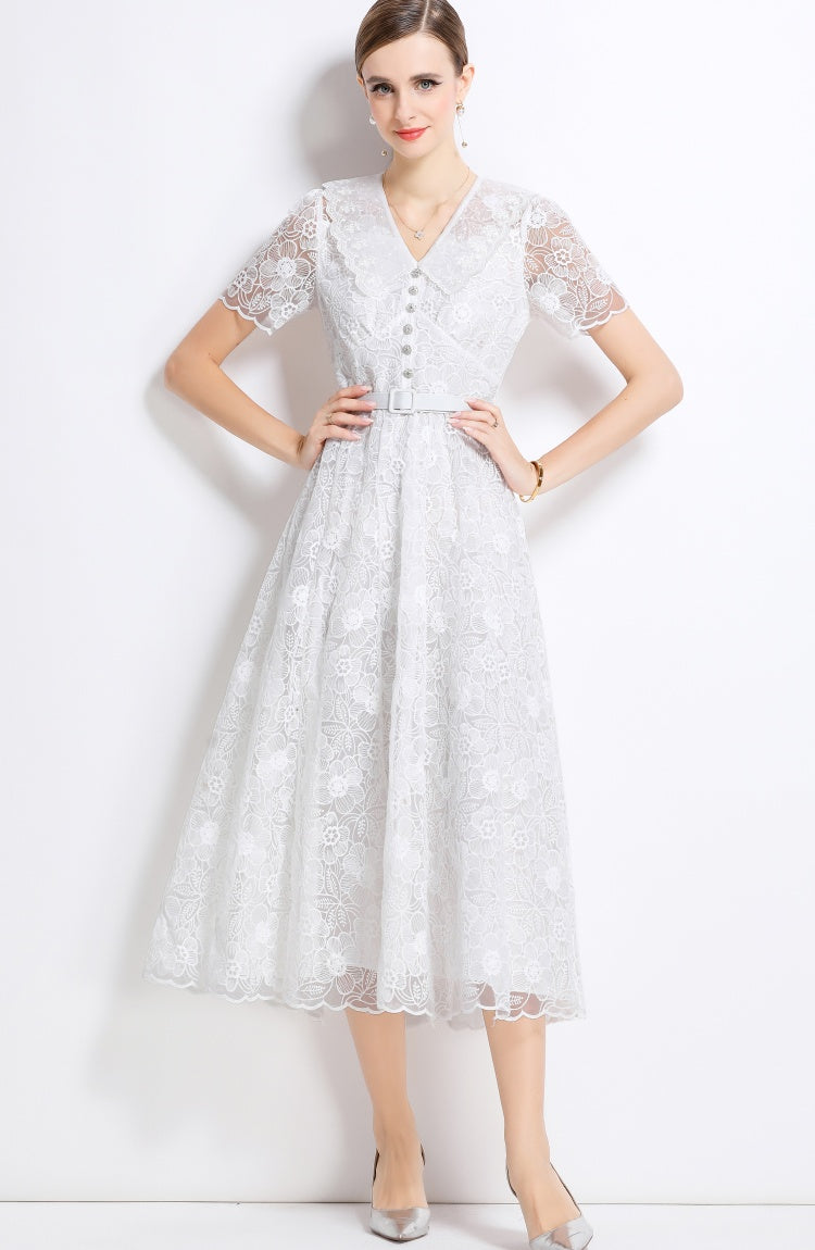 CM-DY049887 Women European Style Doll Collar Short Sleeve Pinched Waist Mid-Length Dress - White