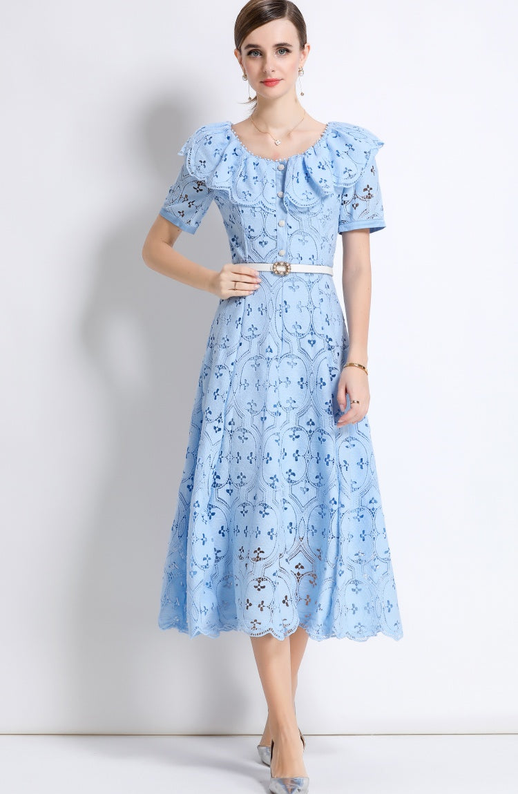 CM-DY049892 Women Elegant European Style Hollow Out Embroidery Short Sleeve Belted Mid-Length Lace Dress - Blue